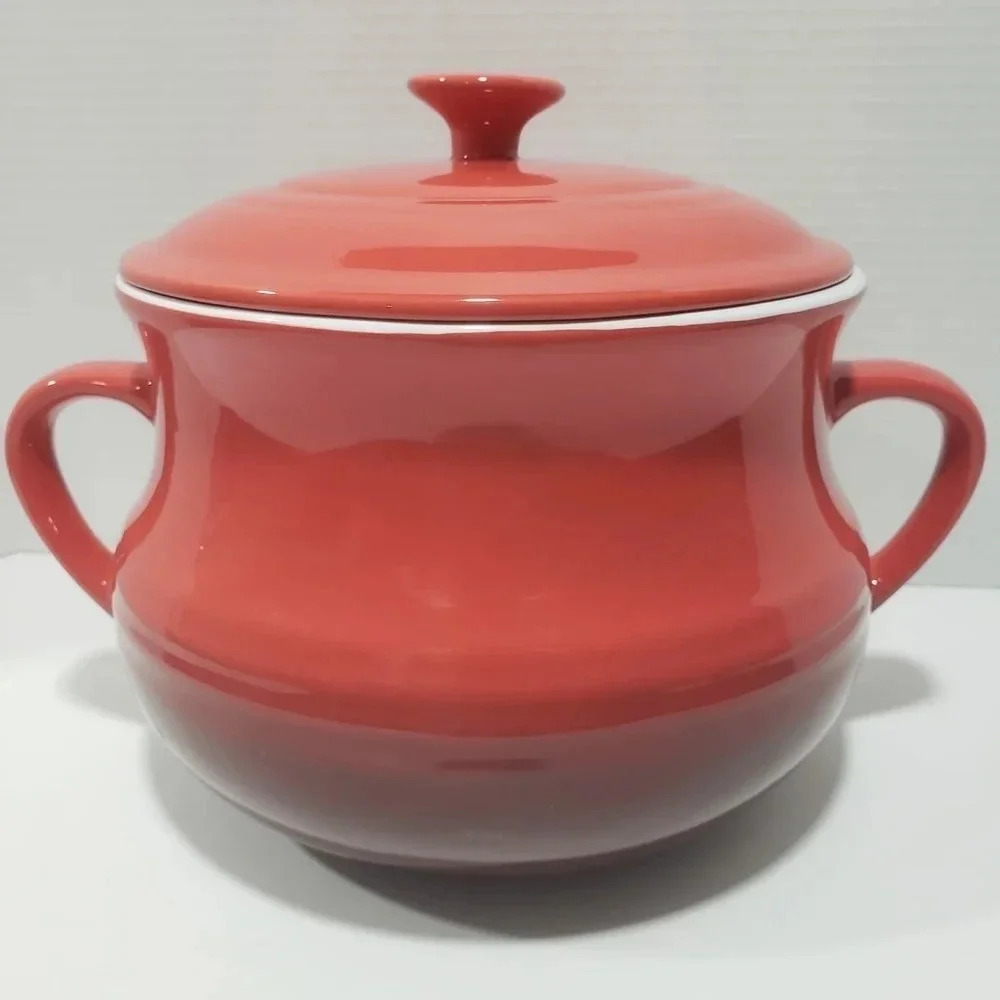 Roscher & CIE Orange/Red Ceramic Bean Pot with Lid.